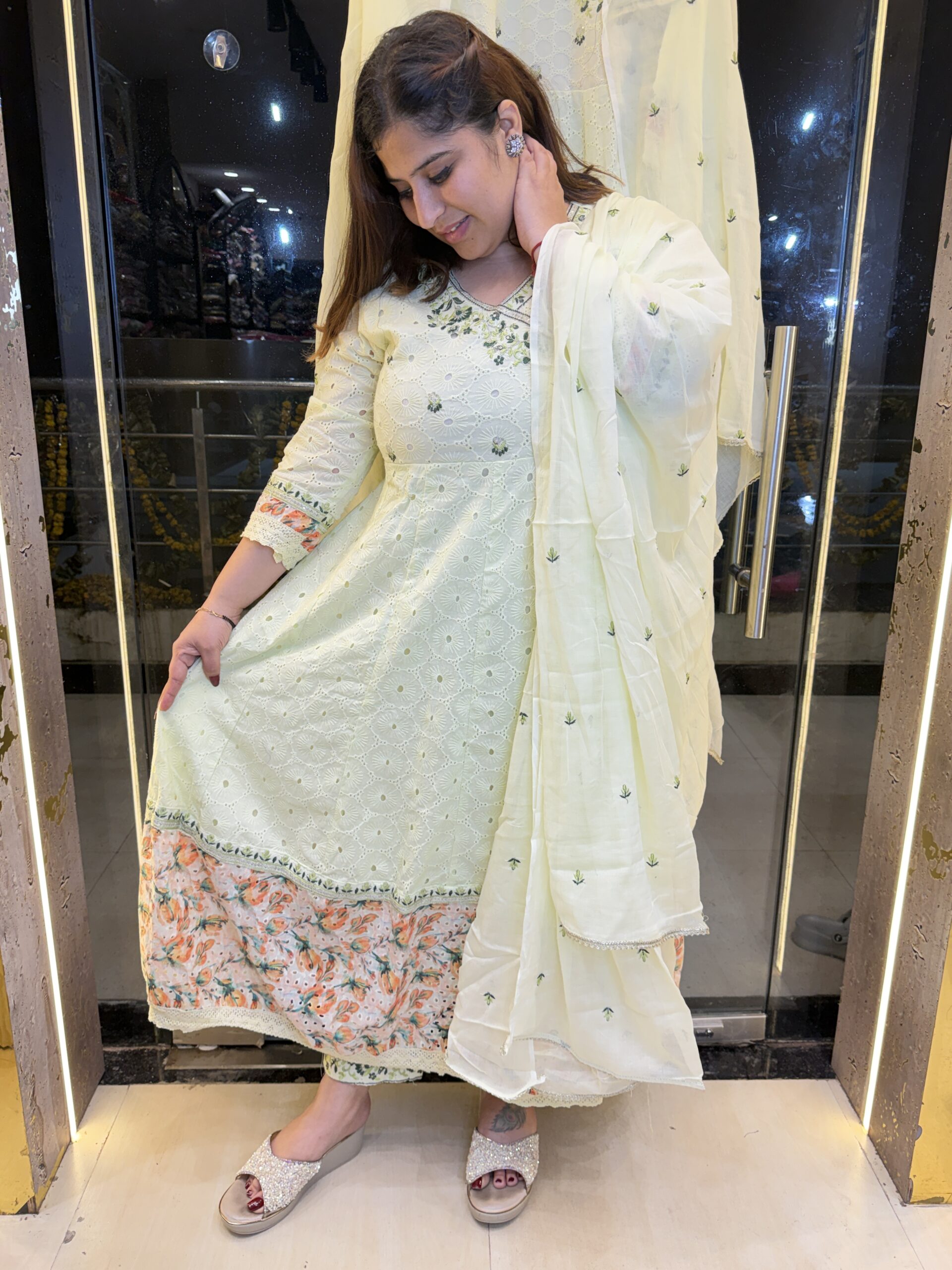 Pure Mull-Mull Cottan Pista Green Anarkali Kurti Set With Paints & Dupatta (24)