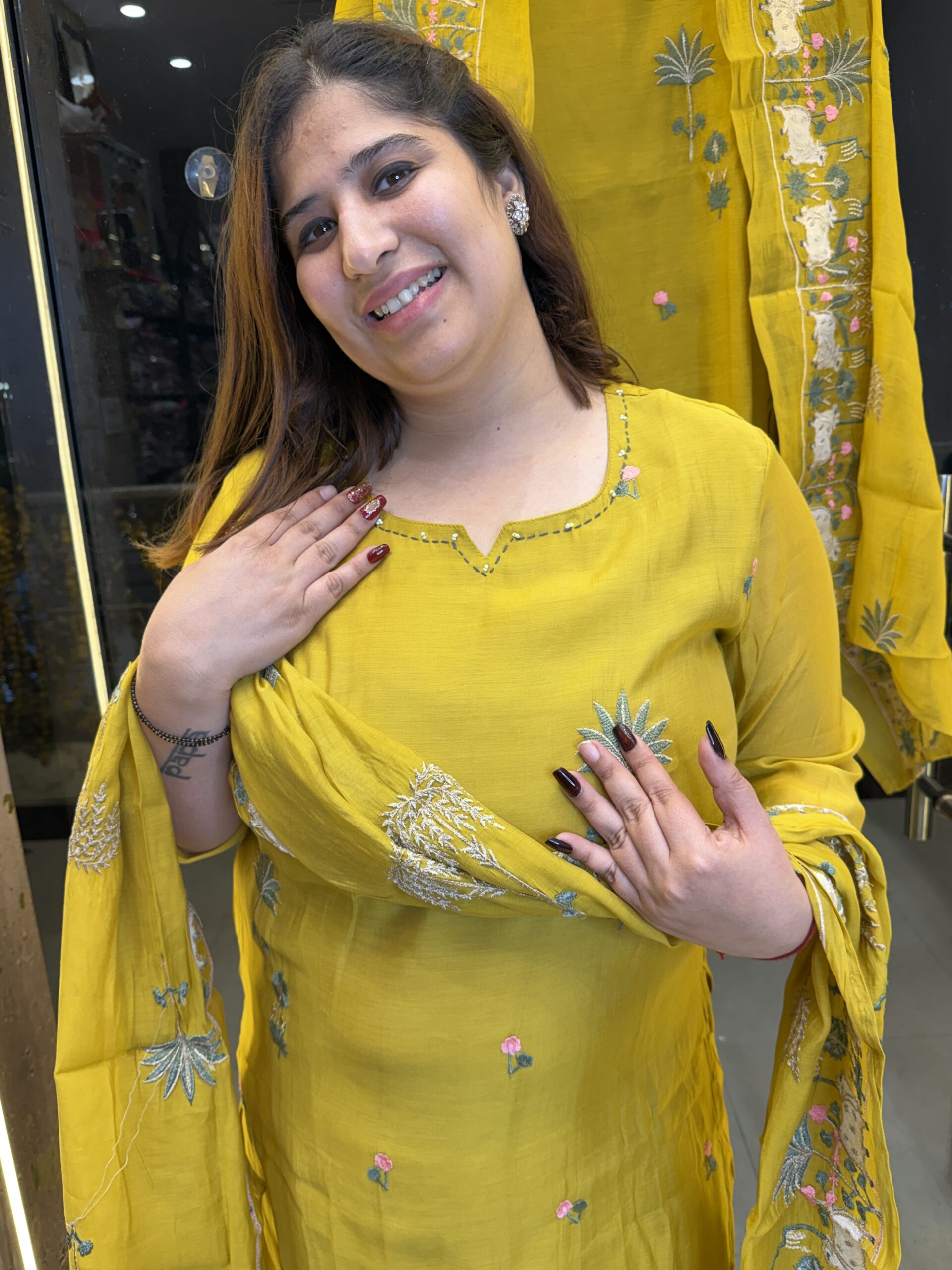 Pure Mull Chanderi Cottan Mustard Yellow Straight-Cut Kurti With Paints & Dupatta Set