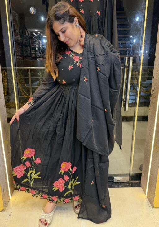 Pure Mul-Mul Cottan Black Anarkali Suit With Paints & Dupatta