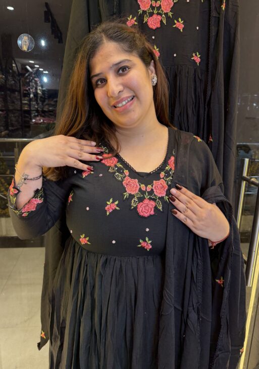 Pure Mul-Mul Cottan Black Anarkali Suit With Paints & Dupatta