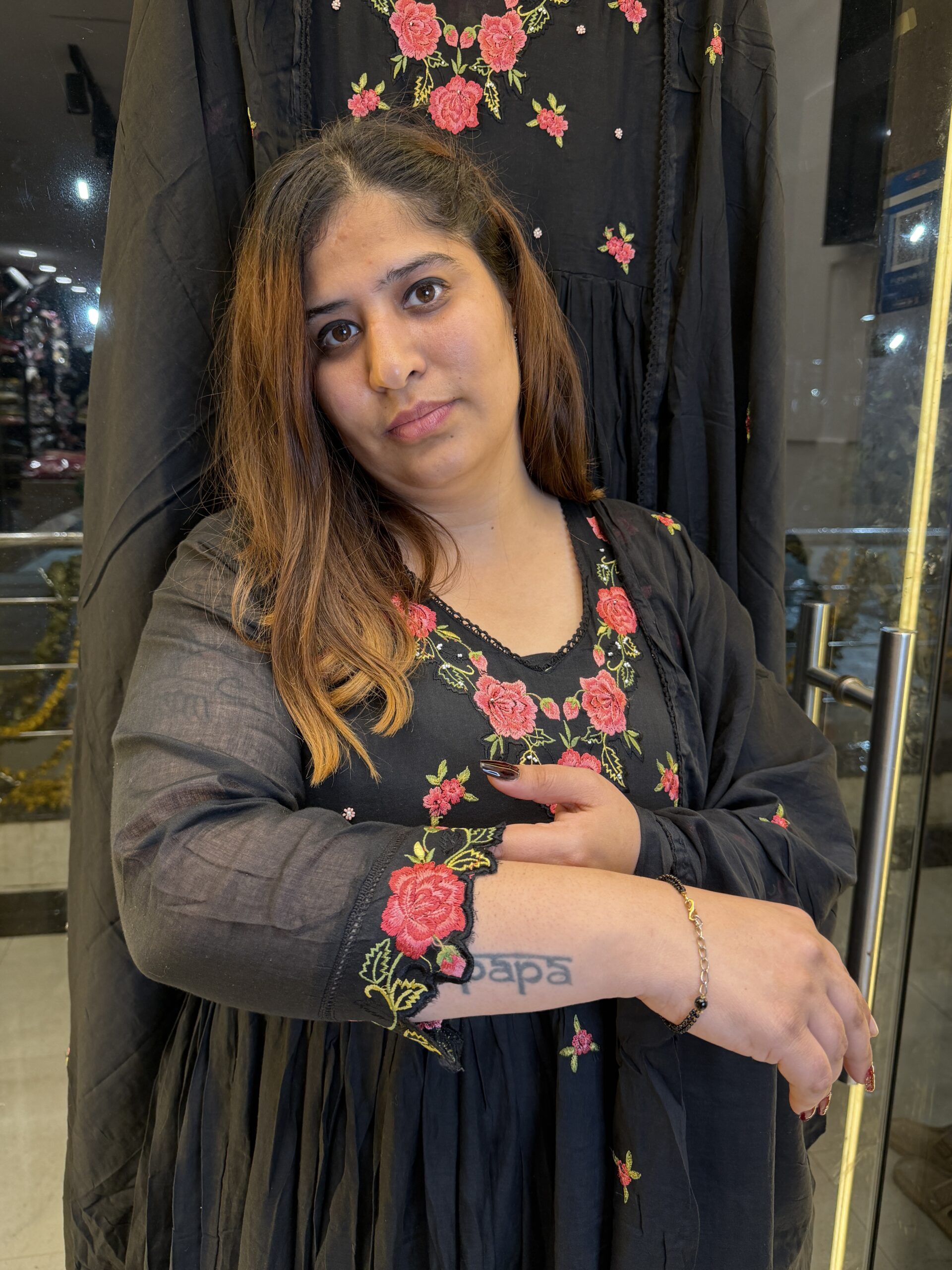 Pure Mul-Mul Cottan Black Anarkali Suit With Paints & Dupatta (15) - Image 2