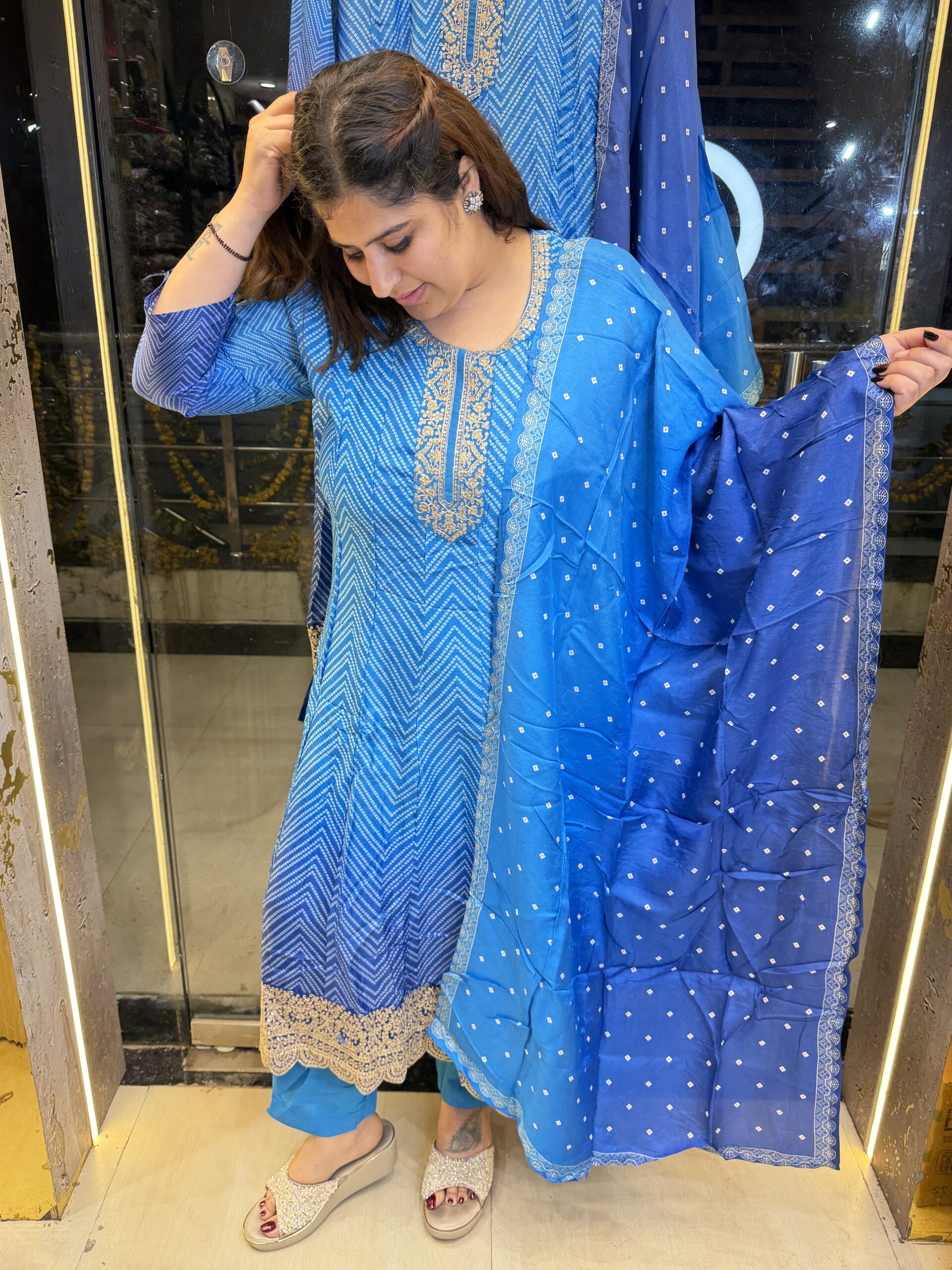 Pure Silk Sky Blue Anarkali Kurti With Dupatta Set (19)