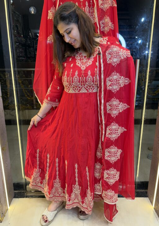 Dark Red Pure Chinoon Anarkali Kurti Set With Paints & Dupatta (18)