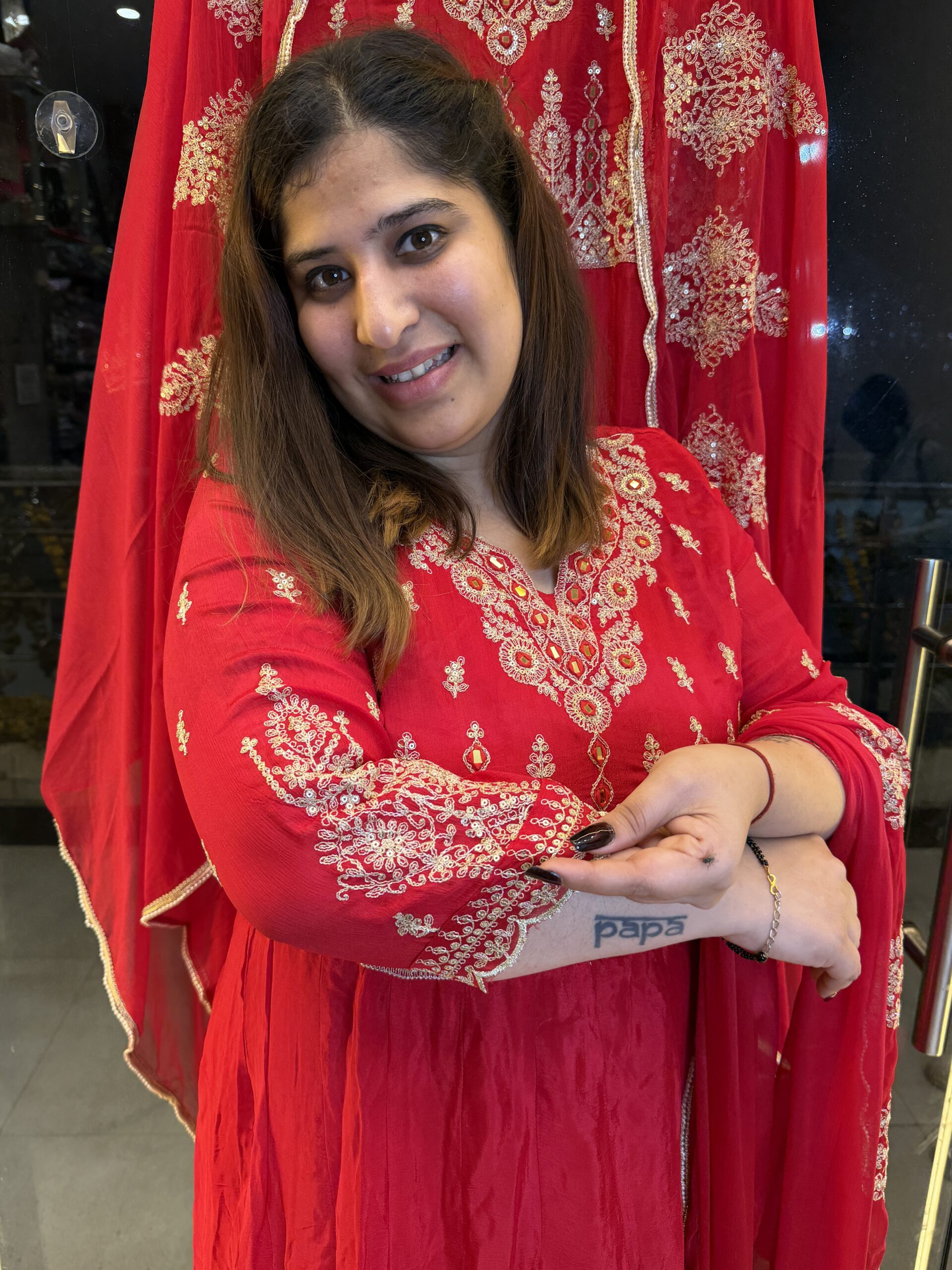 Dark Red Pure Chinoon Anarkali Kurti Set With Paints & Dupatta (18) - Image 2