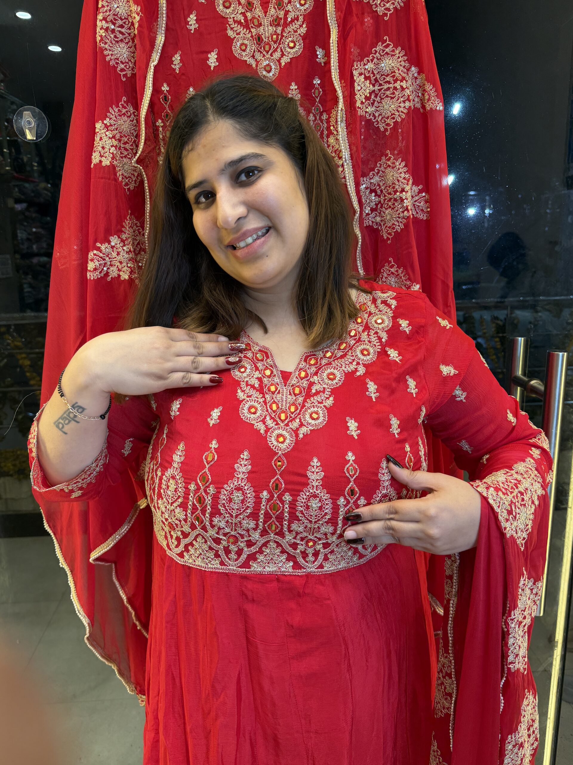 Dark Red Pure Chinoon Anarkali Kurti Set With Paints & Dupatta (18) - Image 1