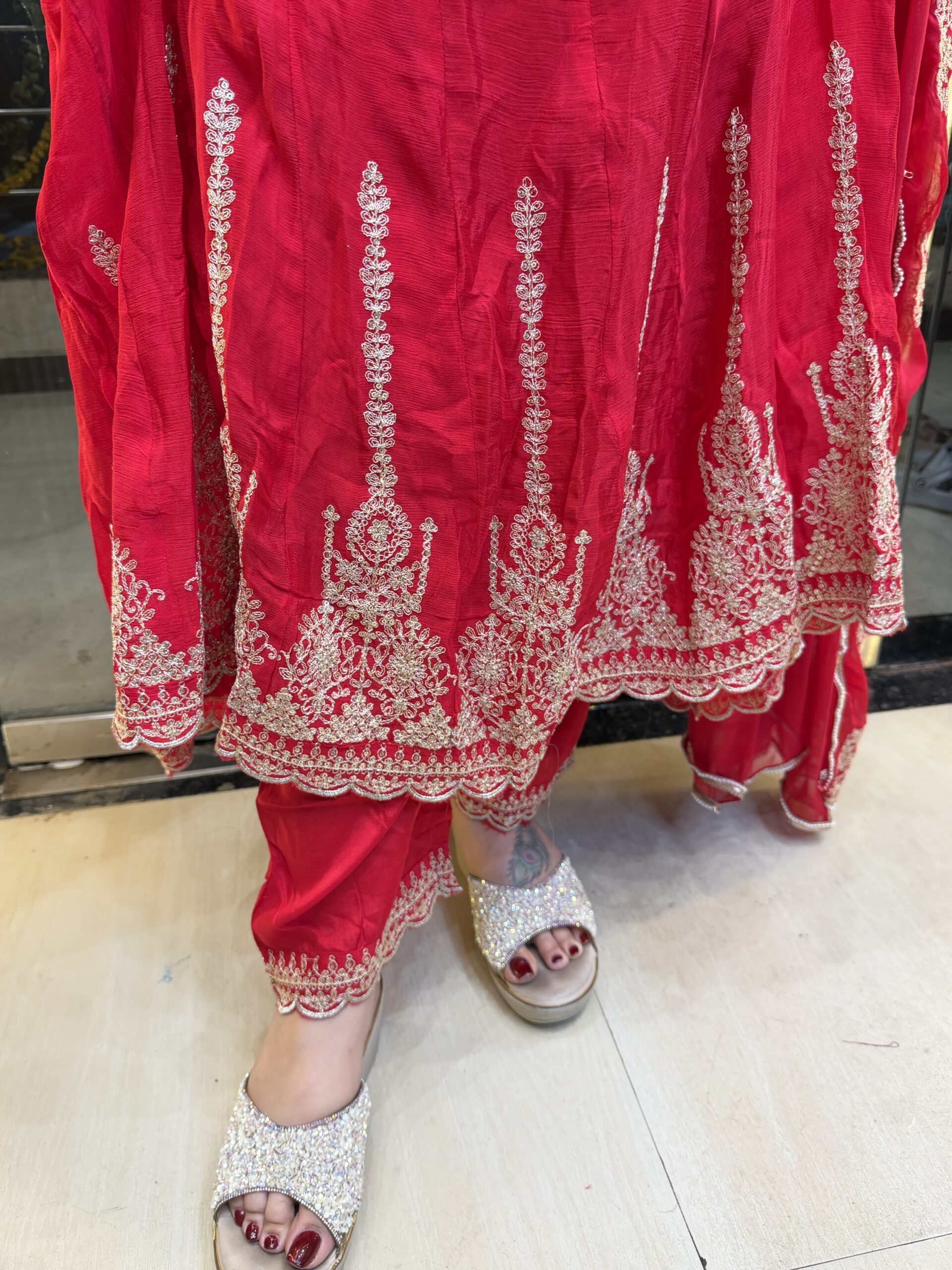 Dark Red Pure Chinoon Anarkali Kurti Set With Paints & Dupatta (18) - Image 4