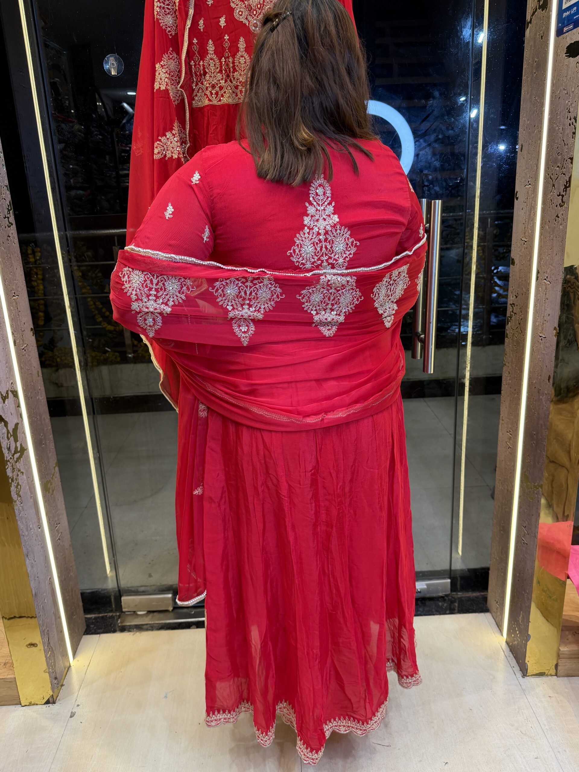 Dark Red Pure Chinoon Anarkali Kurti Set With Paints & Dupatta (18) - Image 3