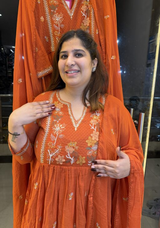 Rust Orange Pure Mull-Mull Cottan Anarkali 3 Pice Kurti Set With Paints & Dupatta (20)