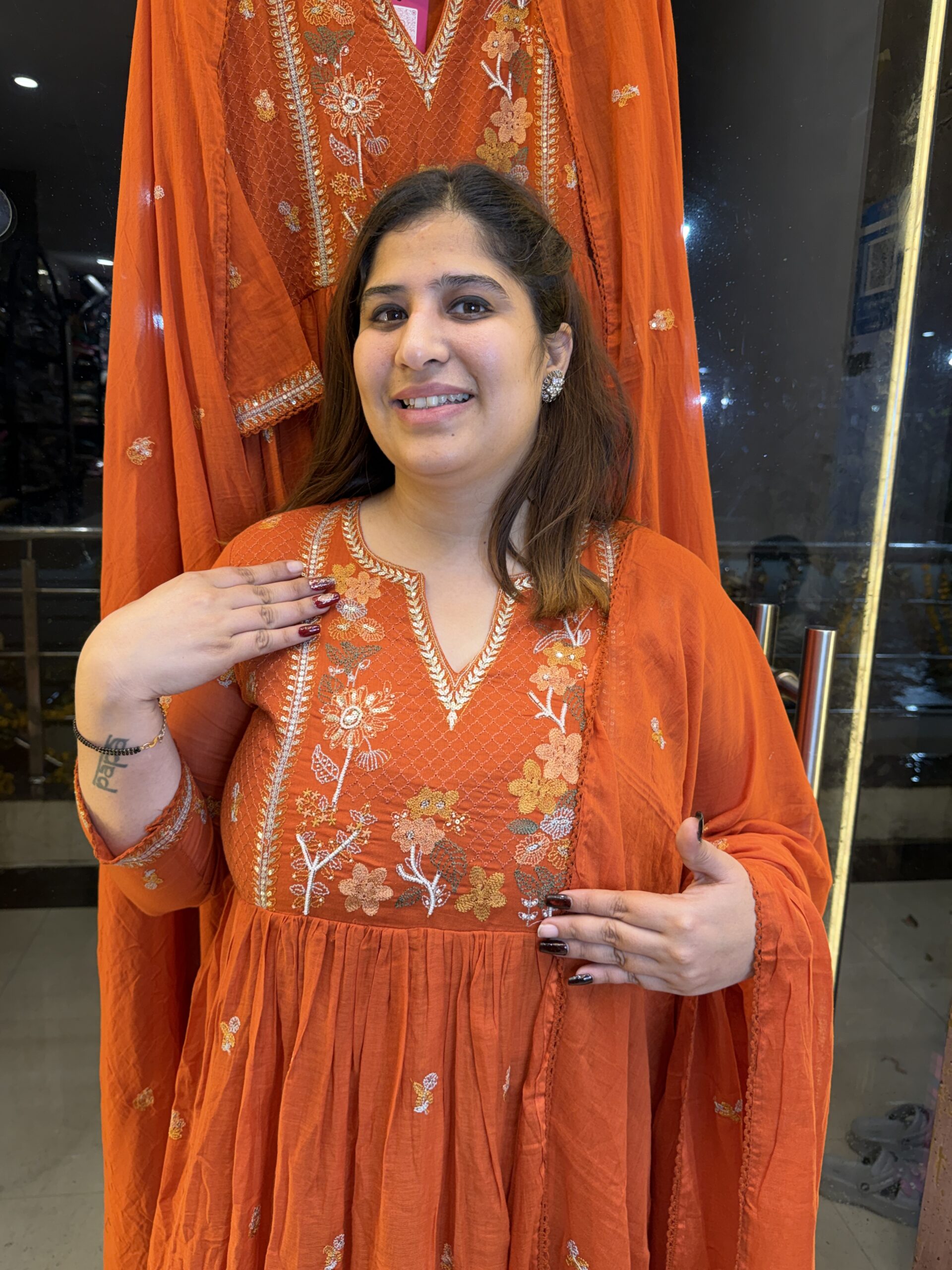 Rust Orange Pure Mull-Mull Cottan Anarkali 3 Pice Kurti Set With Paints & Dupatta (20) - Image 1