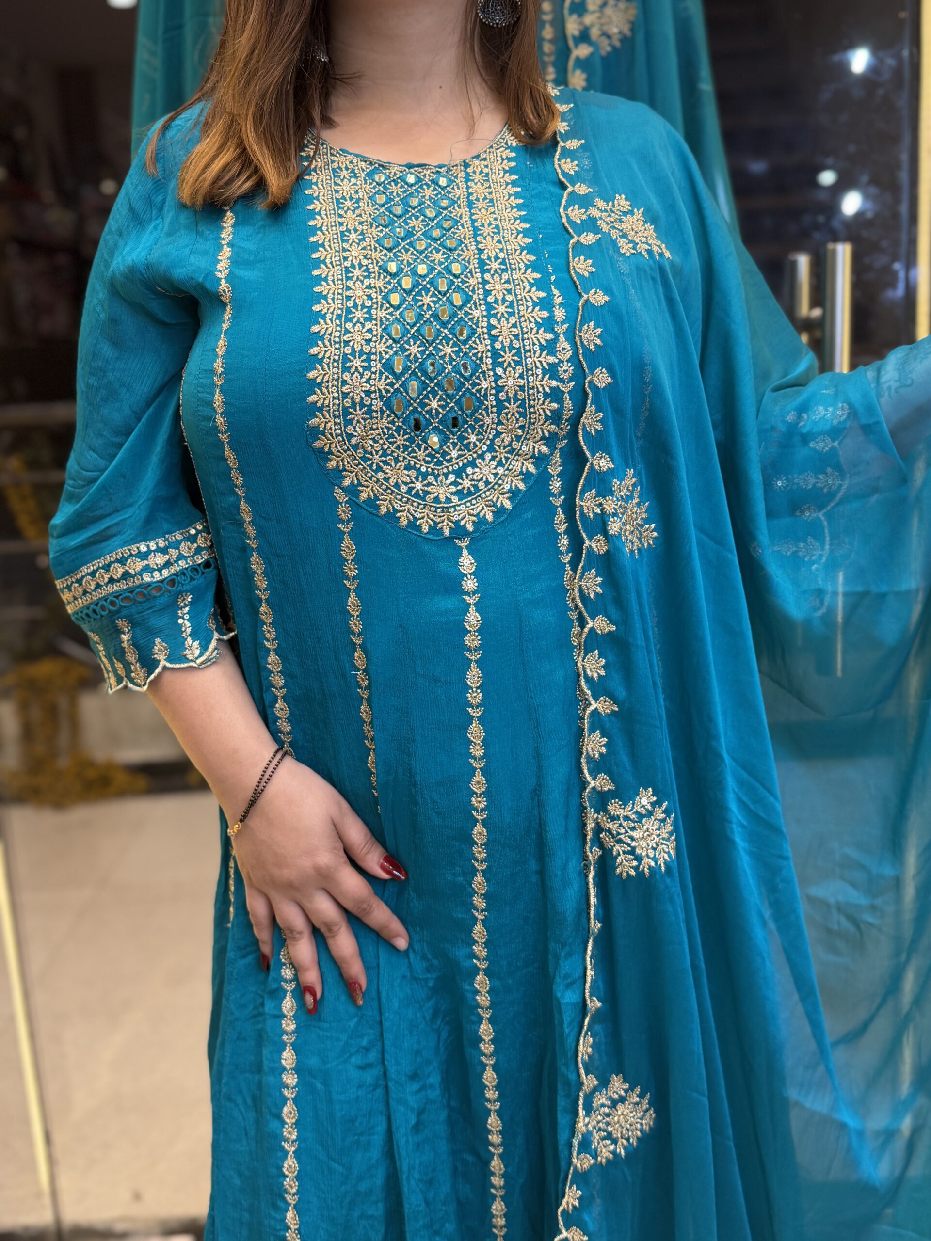 Pure Crap Firoji Anarkali Kurti Set With Paints & Dupatta (22) - Image 1