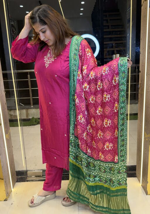 Rani Pink Pure Crap Hand Work Kurti Set With Dupata Paints (29)