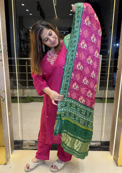 Rani Pink Pure Crap Hand Work Kurti Set With Dupata Paints (29)