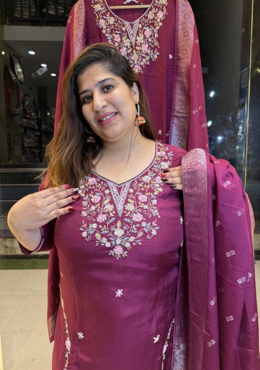 Pure Chinoon Hand Work Straight A-line Suit Wine Colour (34)