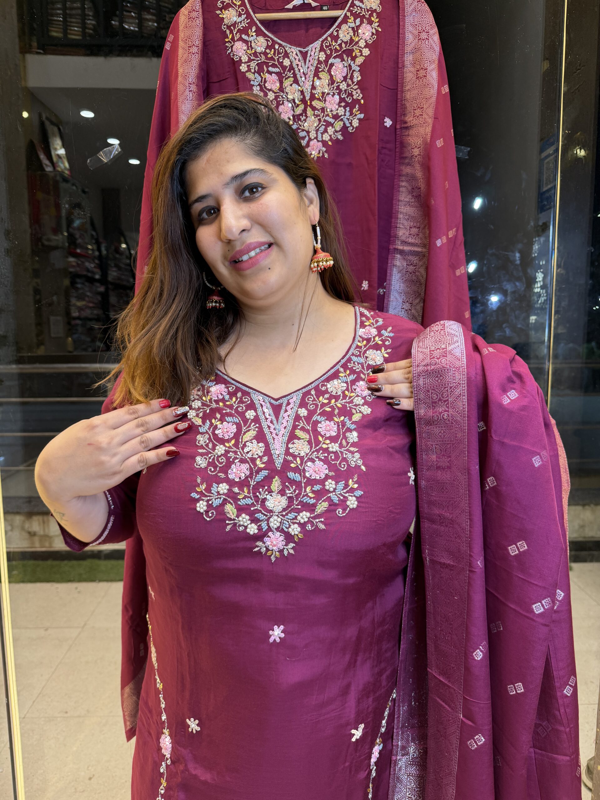 Pure Chinoon Hand Work Straight A-line Suit Wine Colour (34)