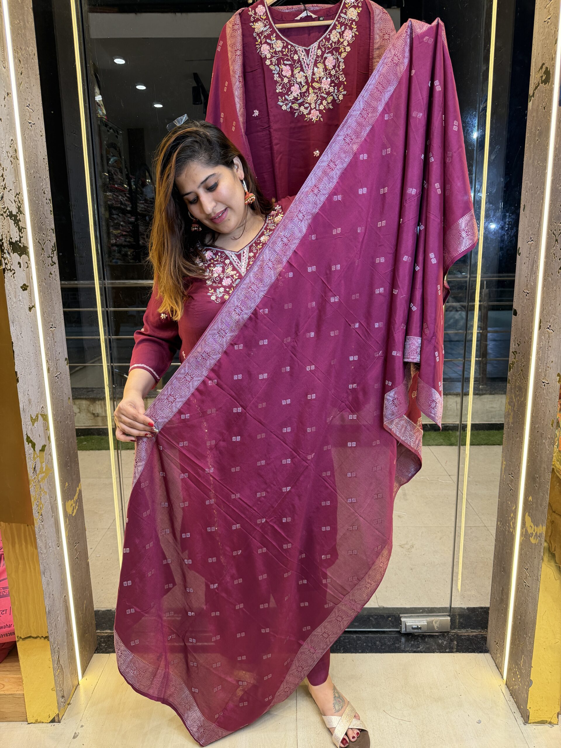 Pure Chinoon Hand Work Straight A-line Suit Wine Colour (34) - Image 2