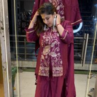 Wine Colour Soft Crepe Embroidery Kurta-Plazo (37)