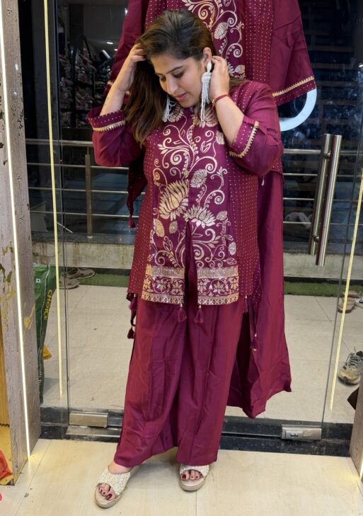 Wine Colour Soft Crepe Embroidery Kurta-Plazo (37)