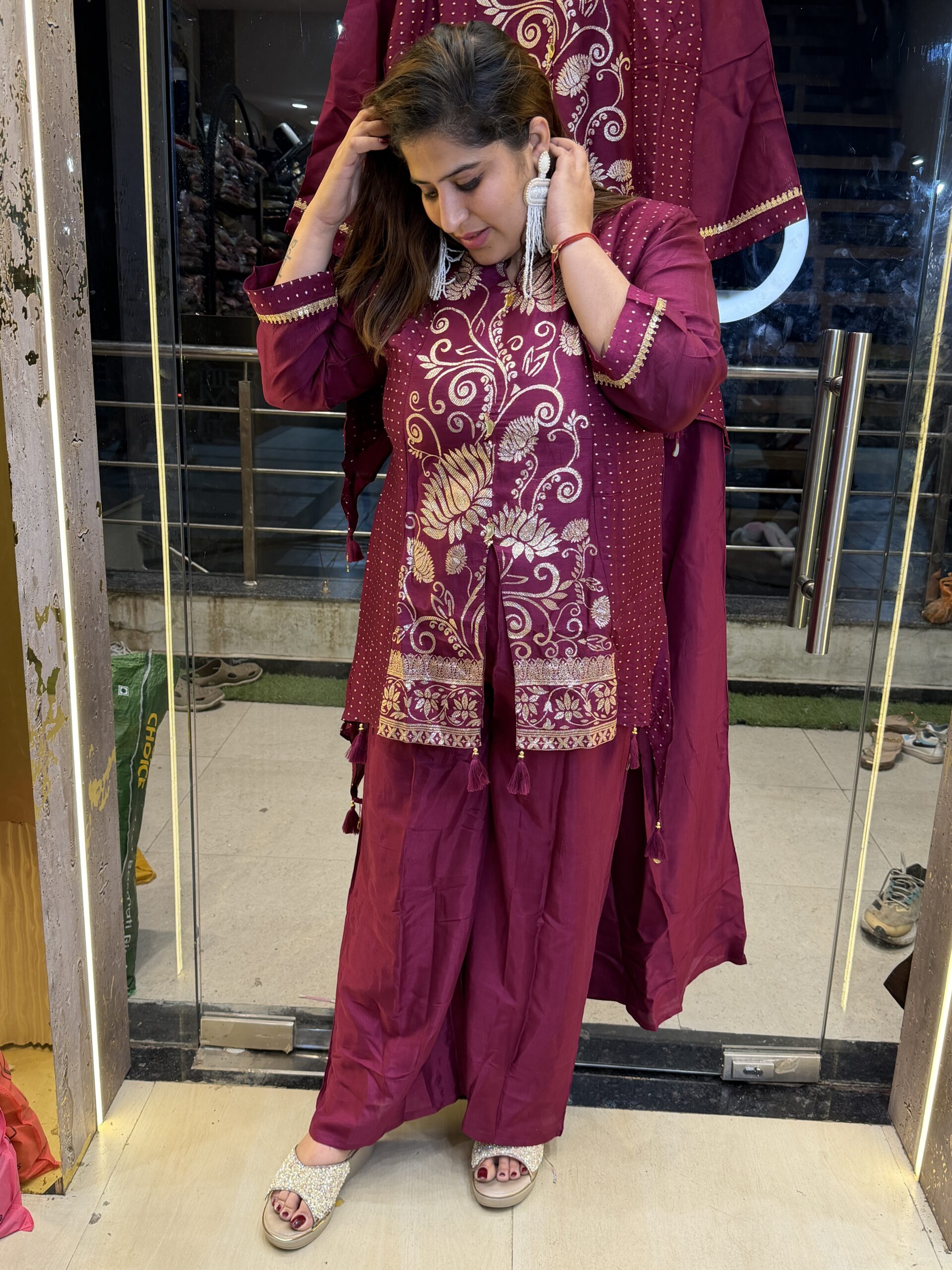 Wine Colour Soft Crepe Embroidery Kurta-Plazo (37)