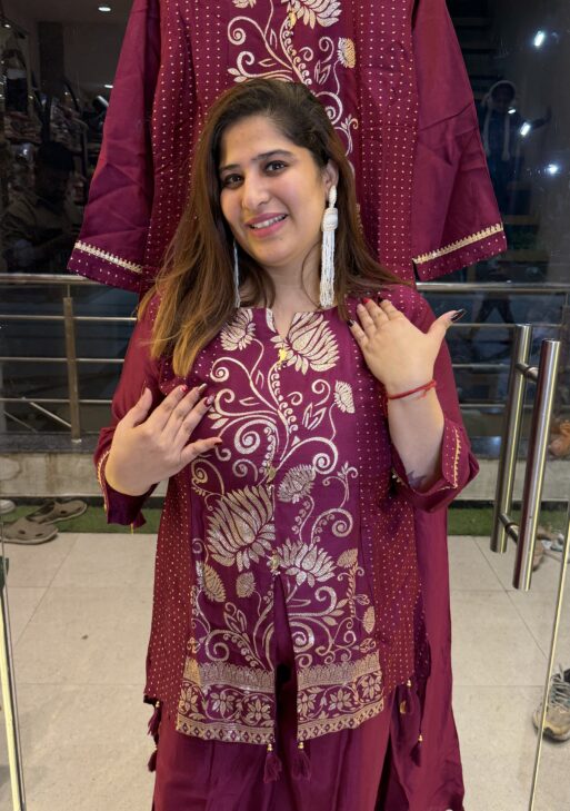 Wine Colour Soft Crepe Embroidery Kurta-Plazo (37)