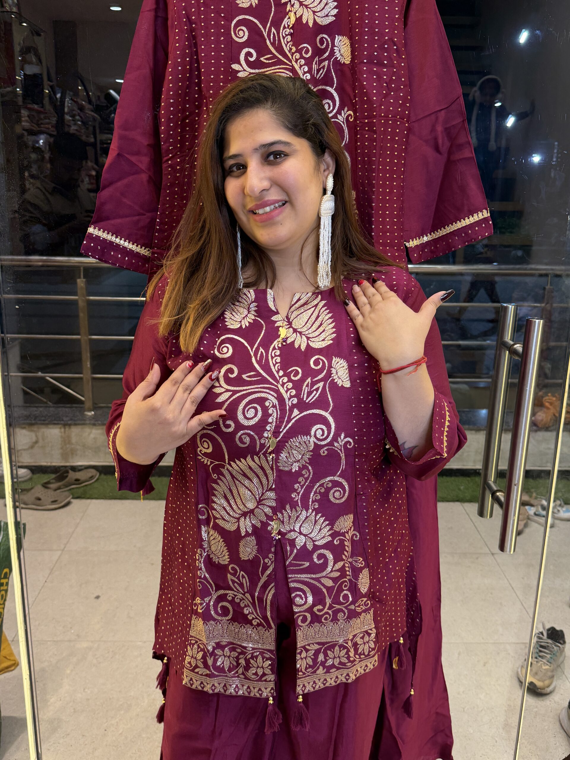 Wine Colour Soft Crepe Embroidery Kurta-Plazo (37)