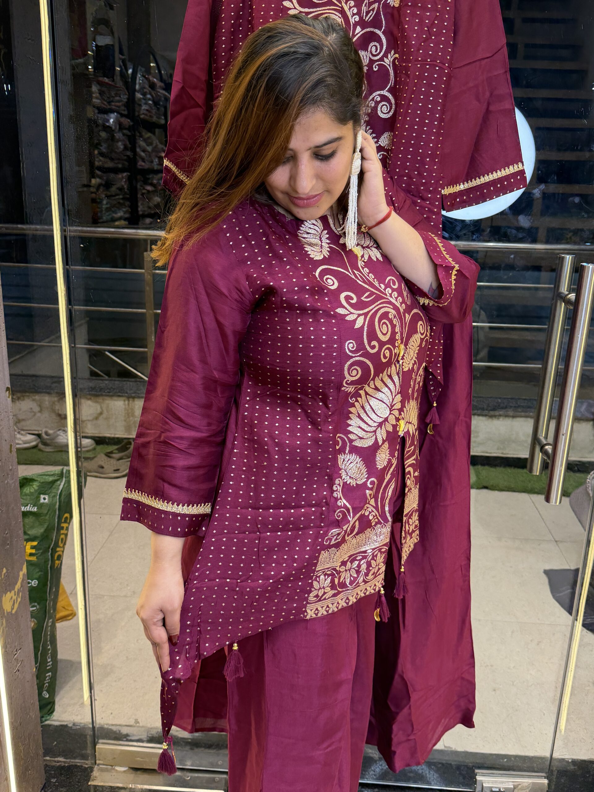 Wine Colour Soft Crepe Embroidery Kurta-Plazo (37) - Image 2