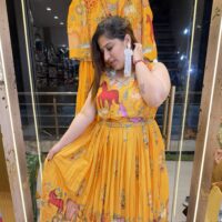 Mustard  Yellow Colour Pure muslin Printed Gown with Jacket (36)