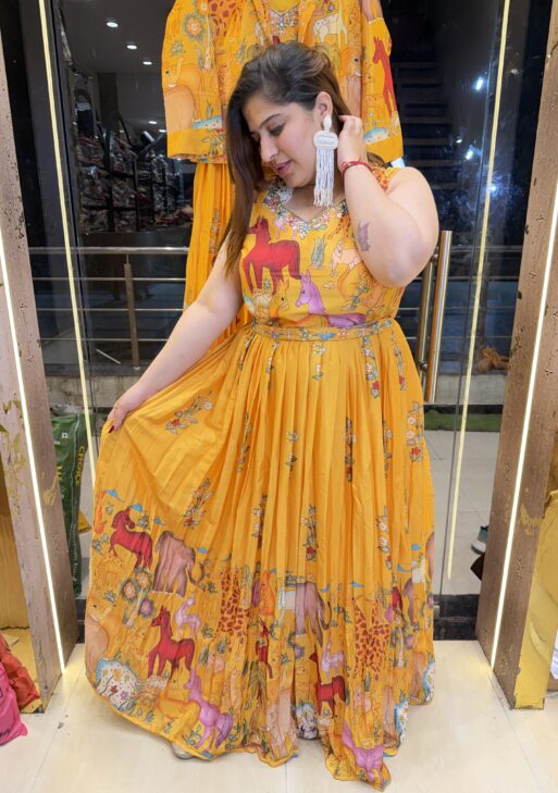 Mustard Yellow Colour Pure muslin Printed Gown with Jacket (36)