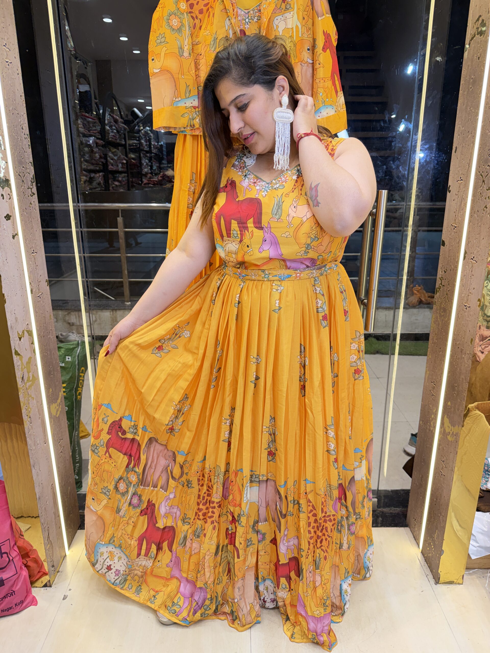 Mustard  Yellow Colour Pure muslin Printed Gown with Jacket (36)