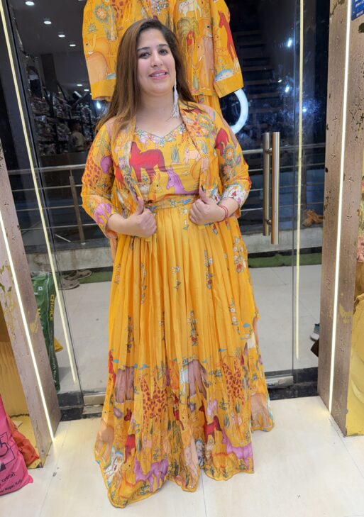 Mustard Yellow Colour Pure muslin Printed Gown with Jacket (36)