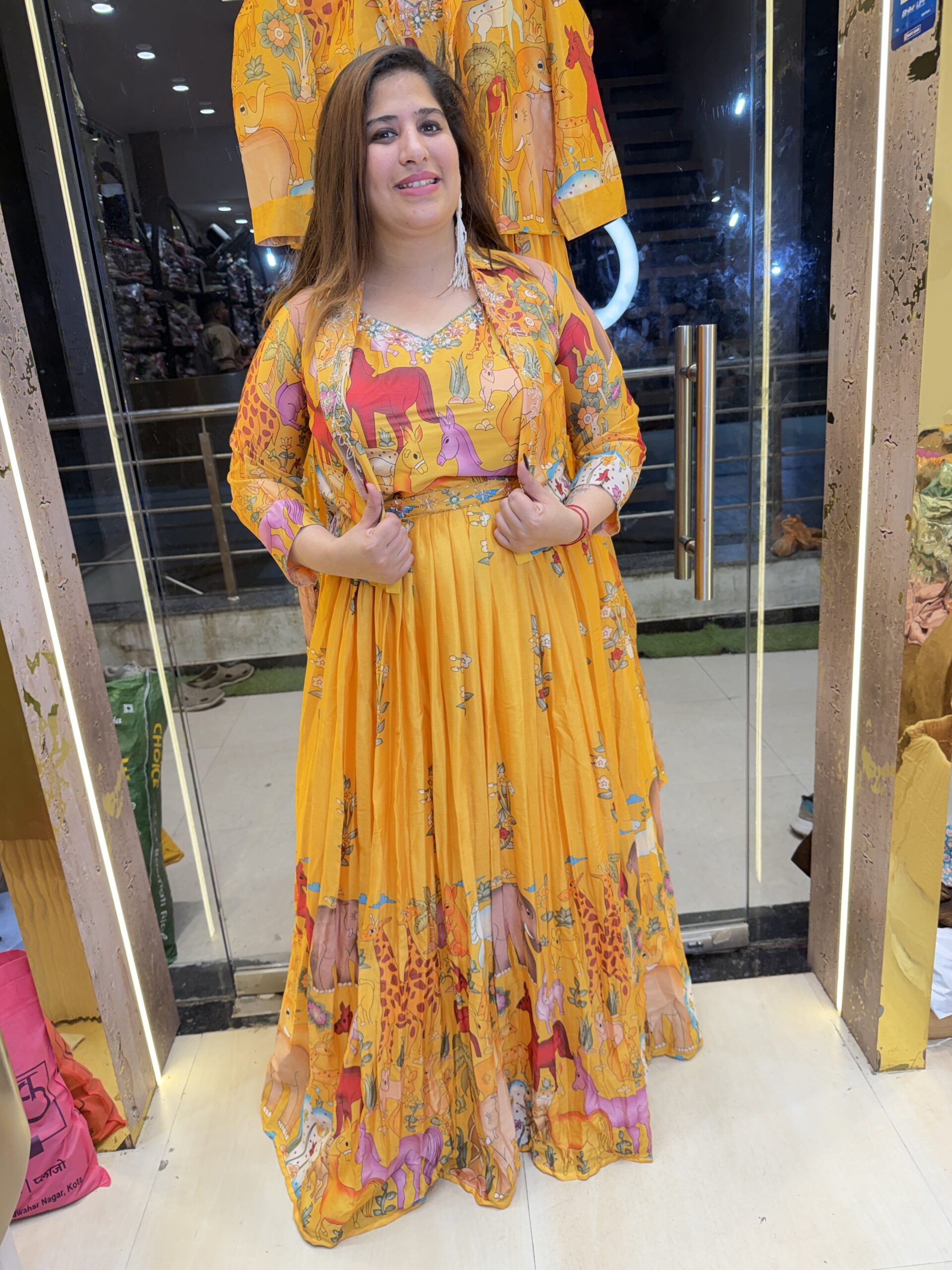 Mustard  Yellow Colour Pure muslin Printed Gown with Jacket (36)