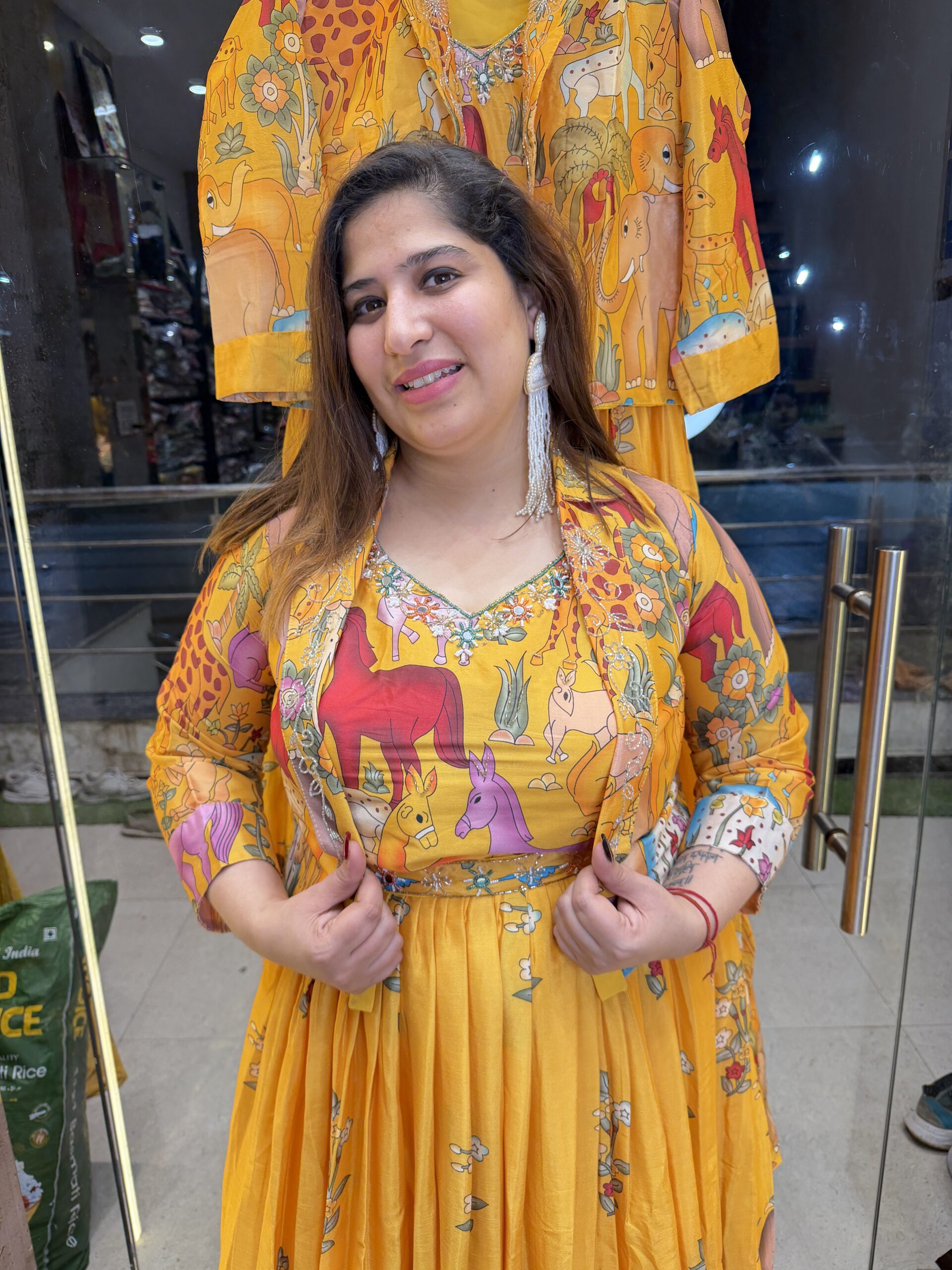 Mustard Yellow Colour Pure muslin Printed Gown with Jacket (36) - Image 2