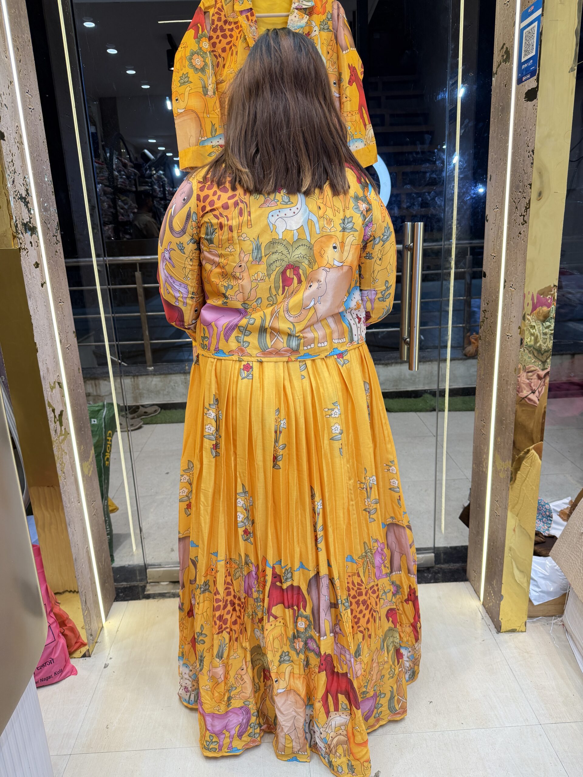 Mustard Yellow Colour Pure muslin Printed Gown with Jacket (36) - Image 3