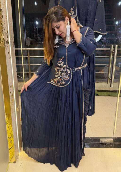 Neavy Blue Pure Creap Hand Work Embroidery Ethnical Gown (38)