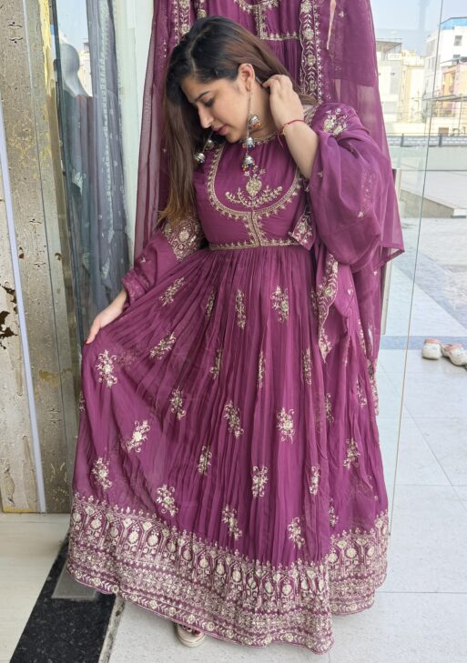 Wine Colour Pure Mull Chanderi Hand Work Ethnical Gown (41)