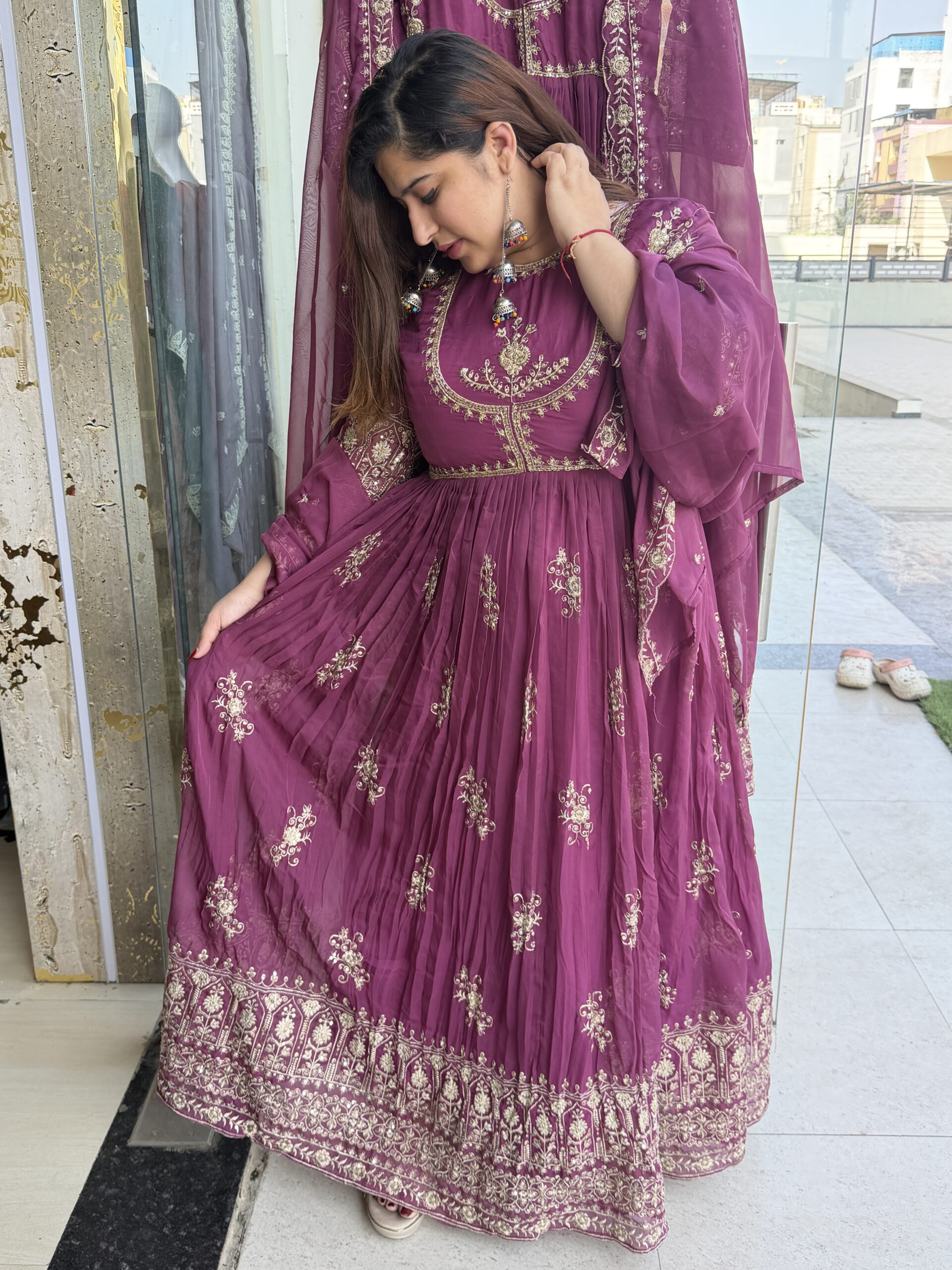 Wine Colour Pure Mull Chanderi Hand Work Ethnical Gown (41)