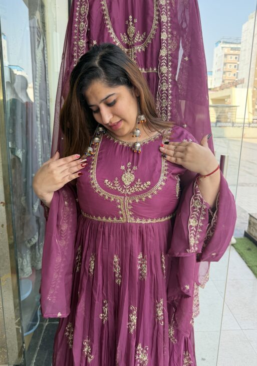 Wine Colour Pure Mull Chanderi Hand Work Ethnical Gown (41)