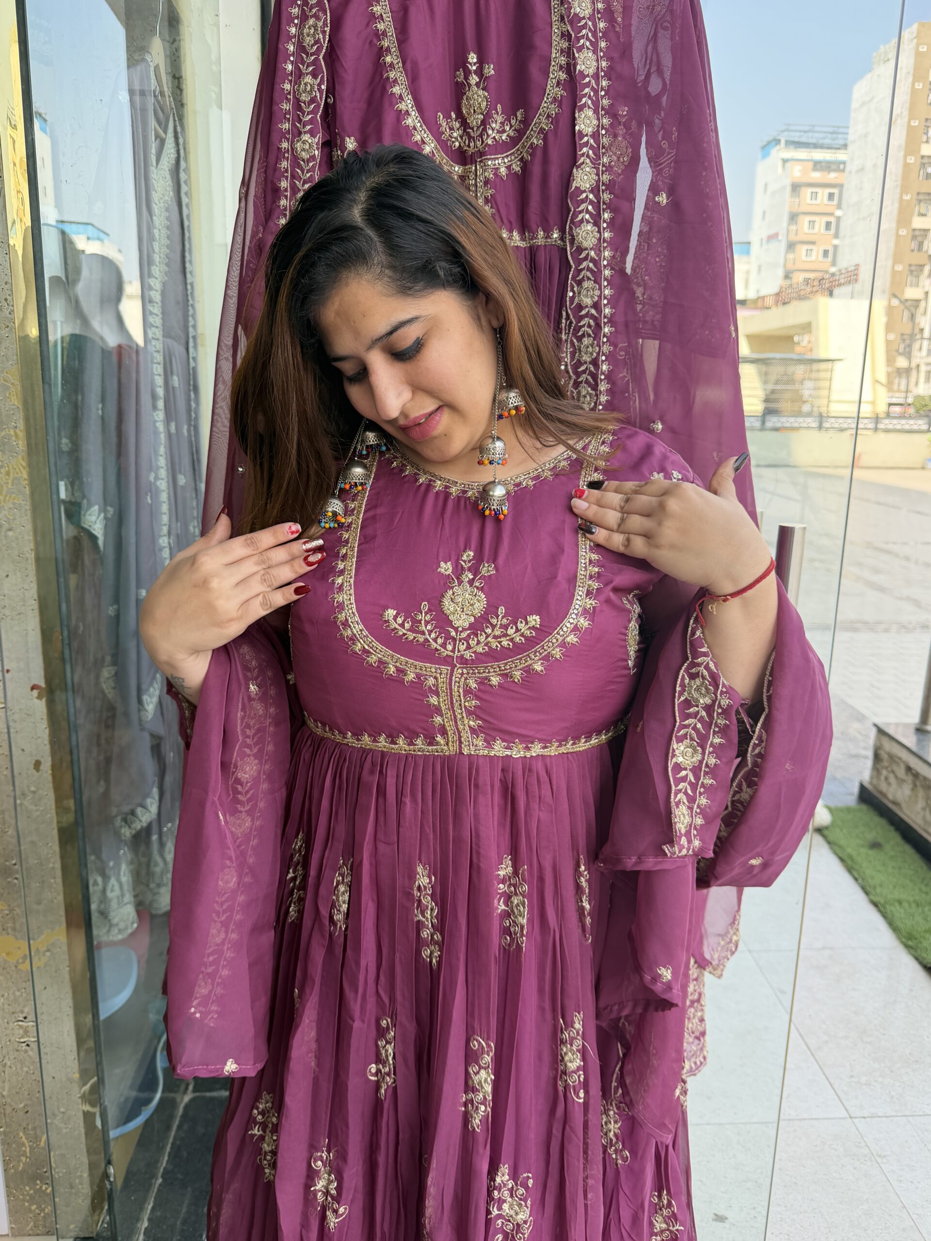 Wine Colour Pure Mull Chanderi Hand Work Ethnical Gown (41)