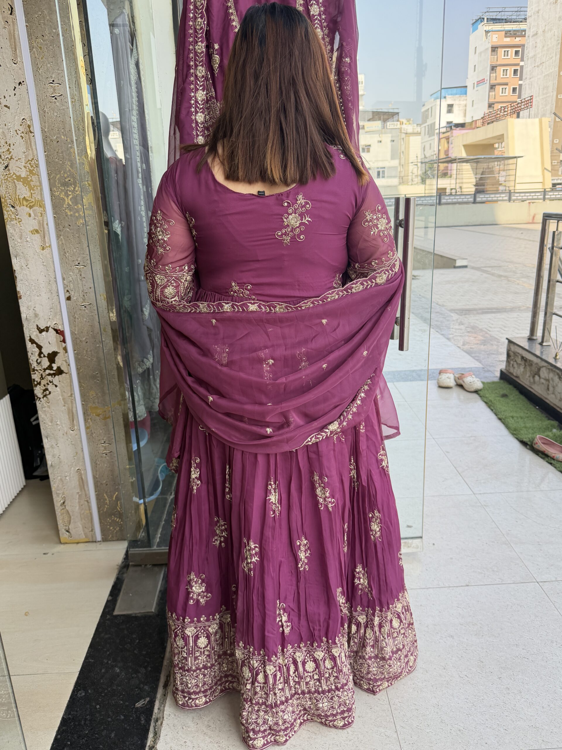 Wine Colour Pure Mull Chanderi Hand Work Ethnical Gown (41) - Image 4