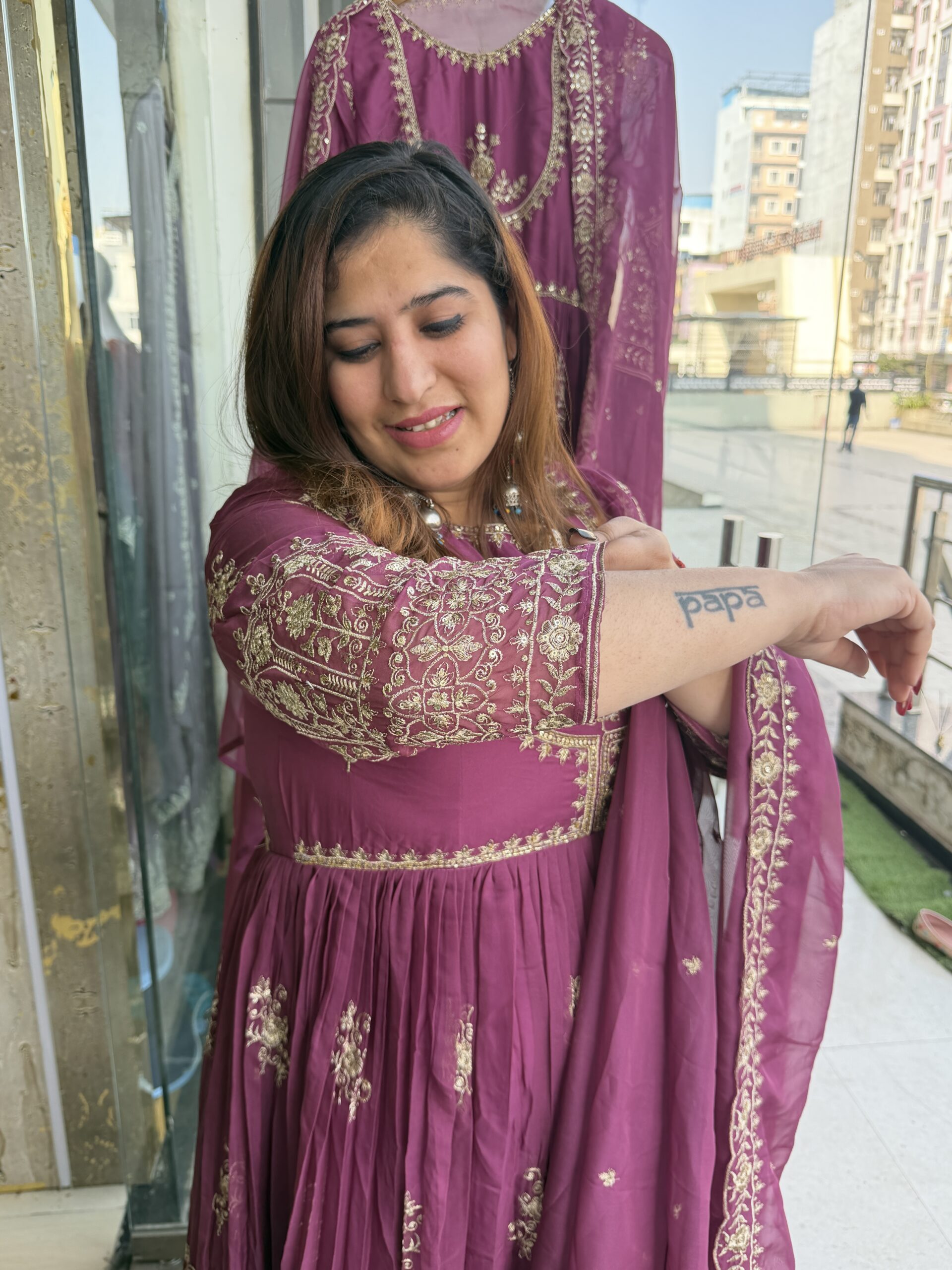 Wine Colour Pure Mull Chanderi Hand Work Ethnical Gown (41) - Image 3