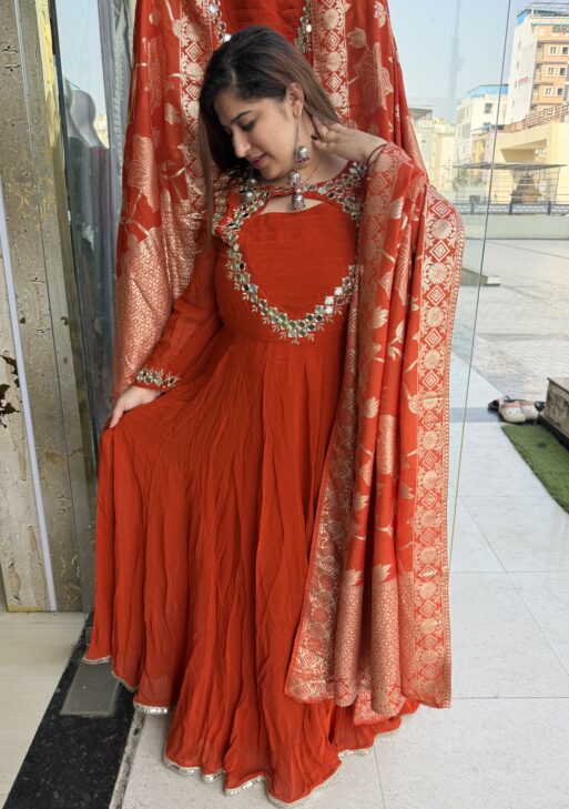 Rust Orange Colour Pure Georgette Febric Heavy Gown With Preamium dupattaFlour Length (42)