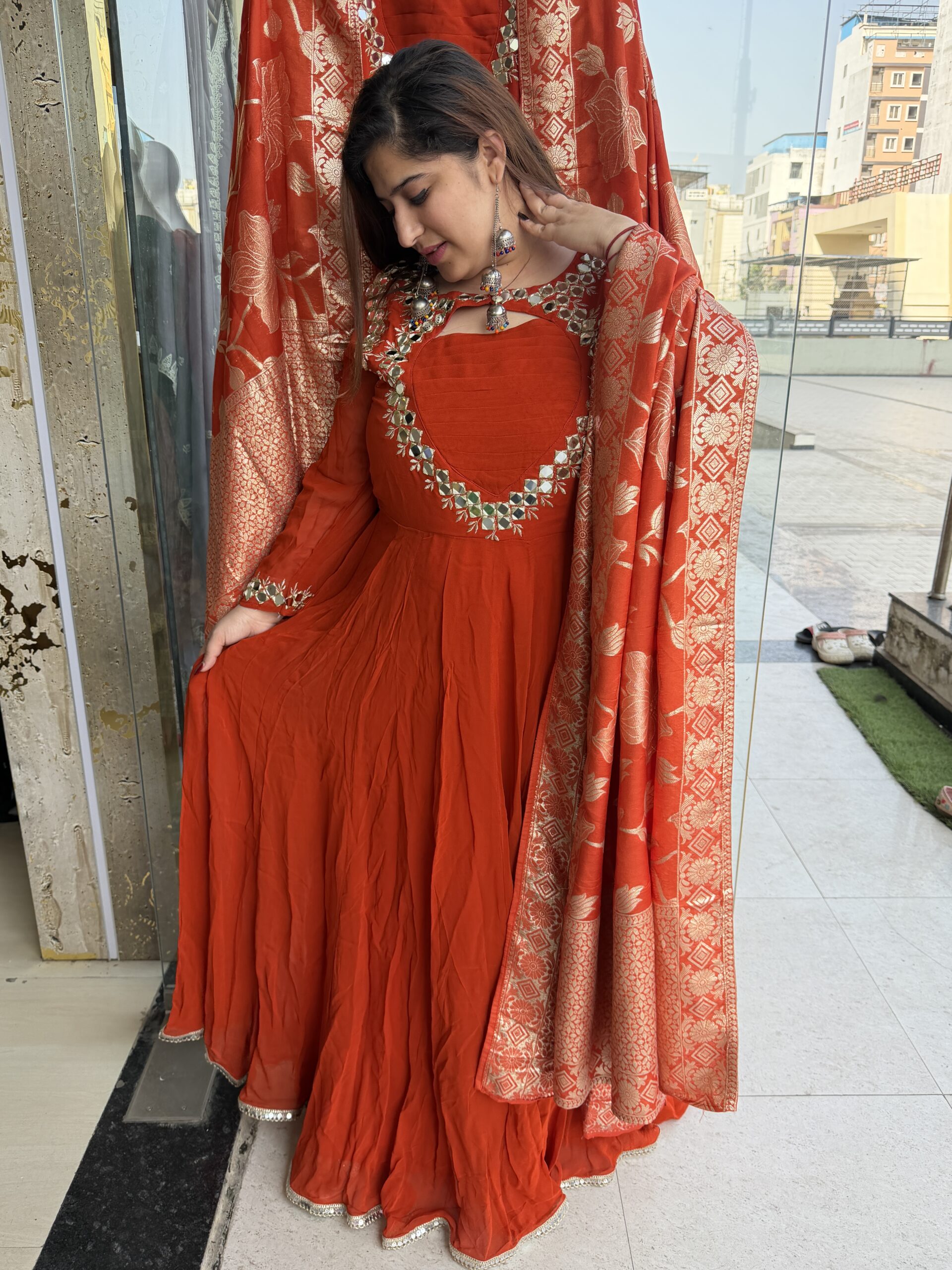 Rust Orange Colour Pure Georgette Febric Heavy Gown With Preamium dupattaFlour Length (42)