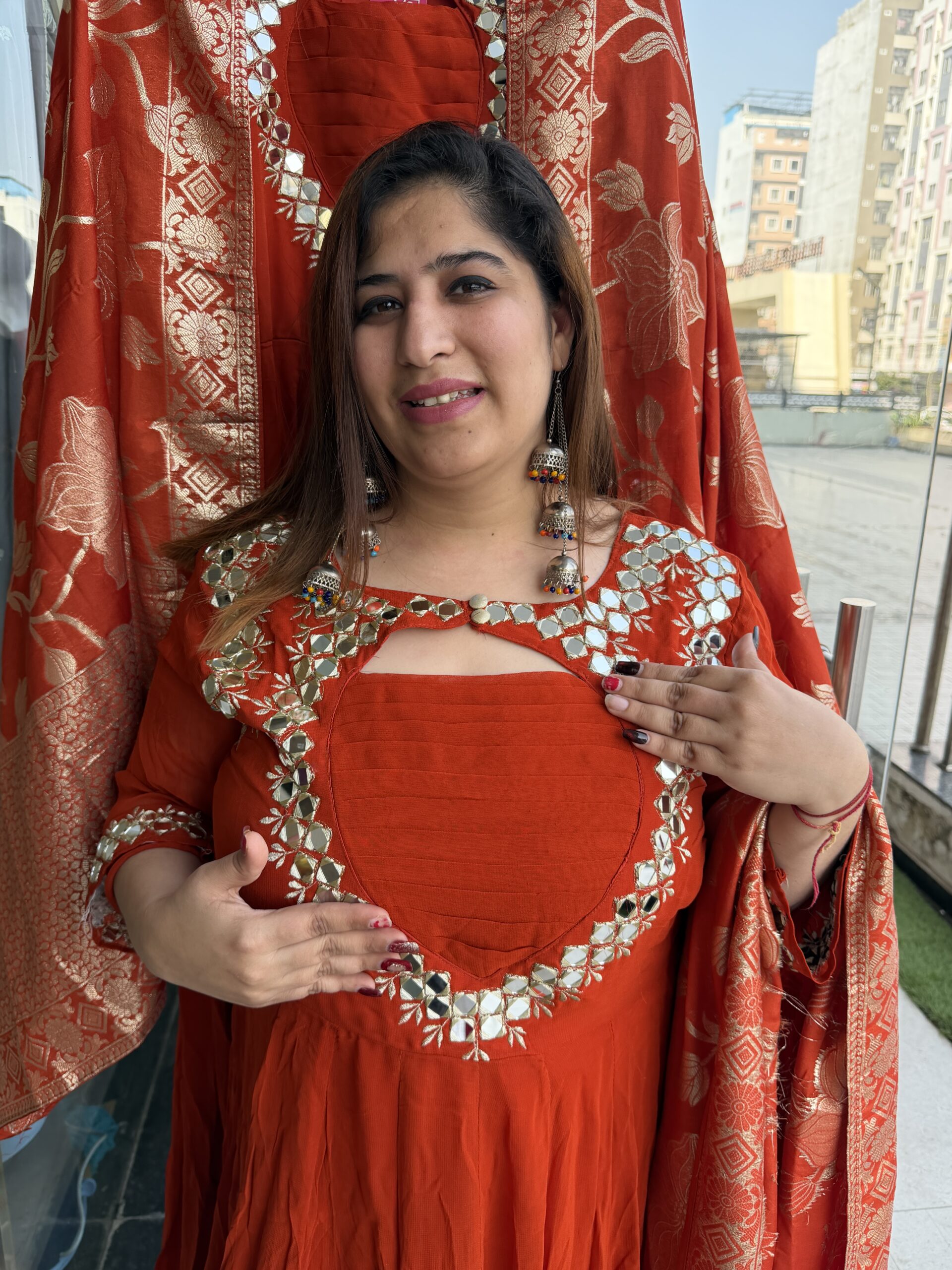 Rust Orange Colour Pure Georgette Febric Heavy Gown With Preamium dupattaFlour Length (42)