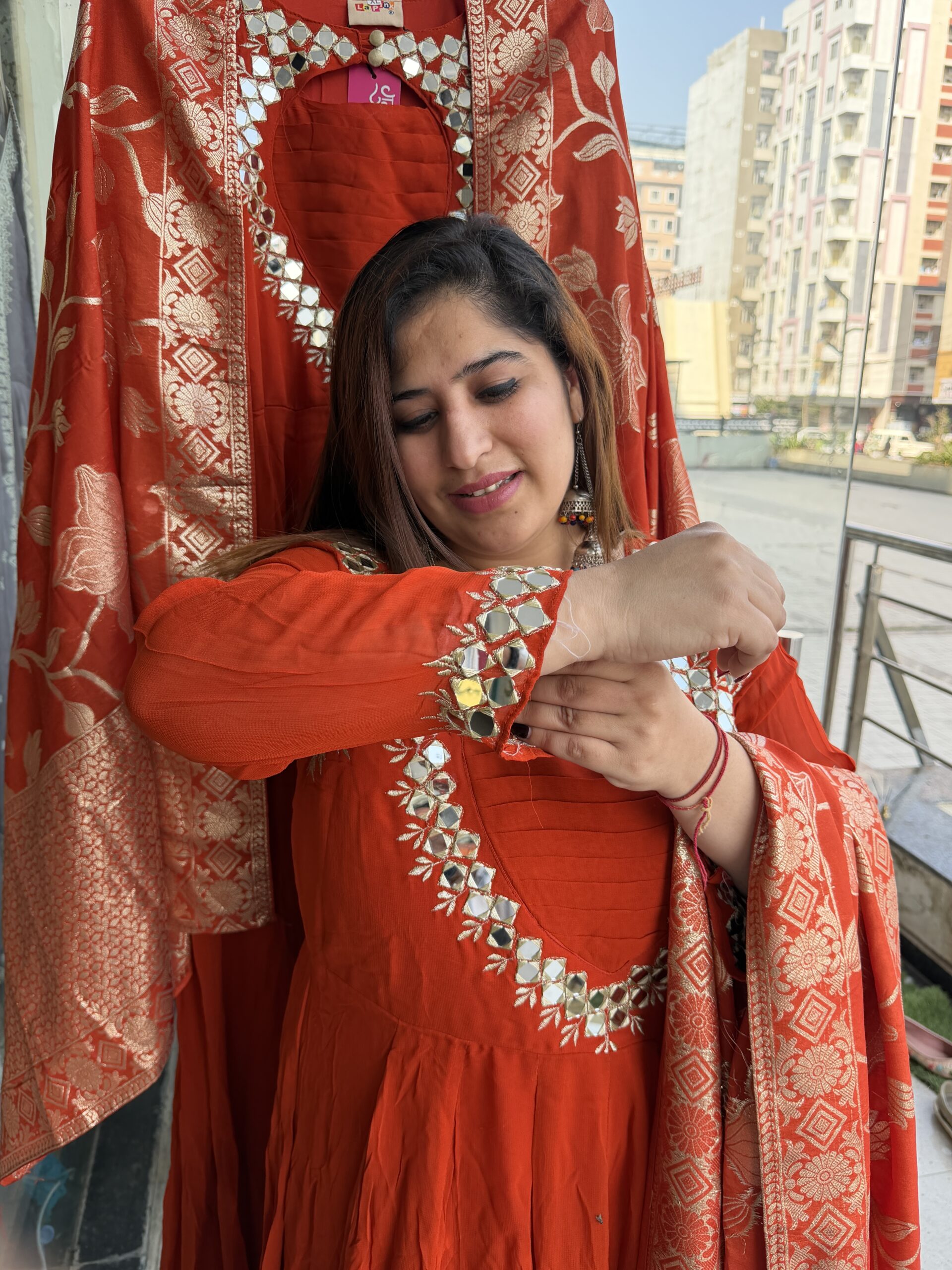 Rust Orange Colour Pure Georgette Febric Heavy Gown With Preamium dupattaFlour Length (42) - Image 3