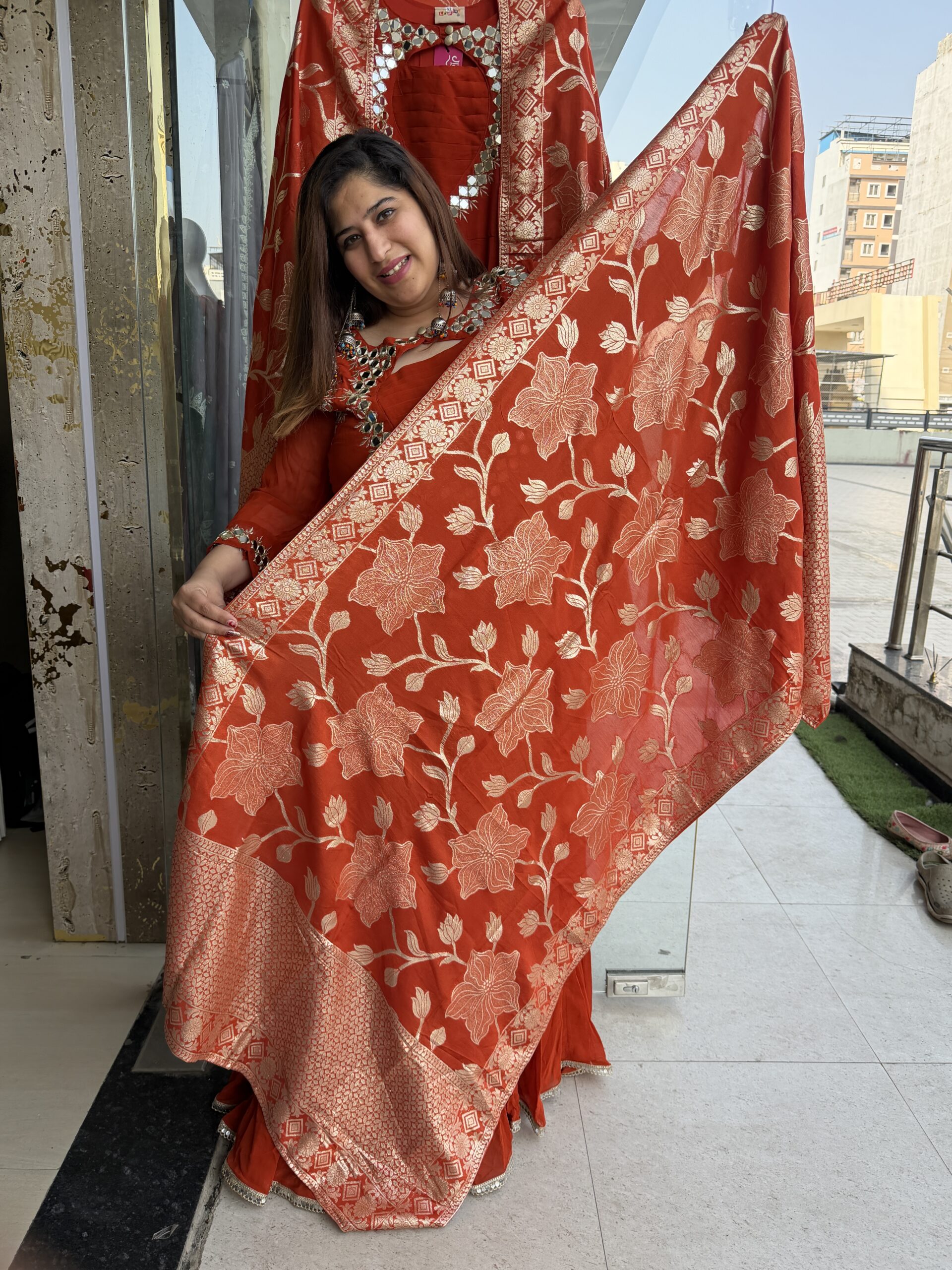Rust Orange Colour Pure Georgette Febric Heavy Gown With Preamium dupattaFlour Length (42) - Image 2