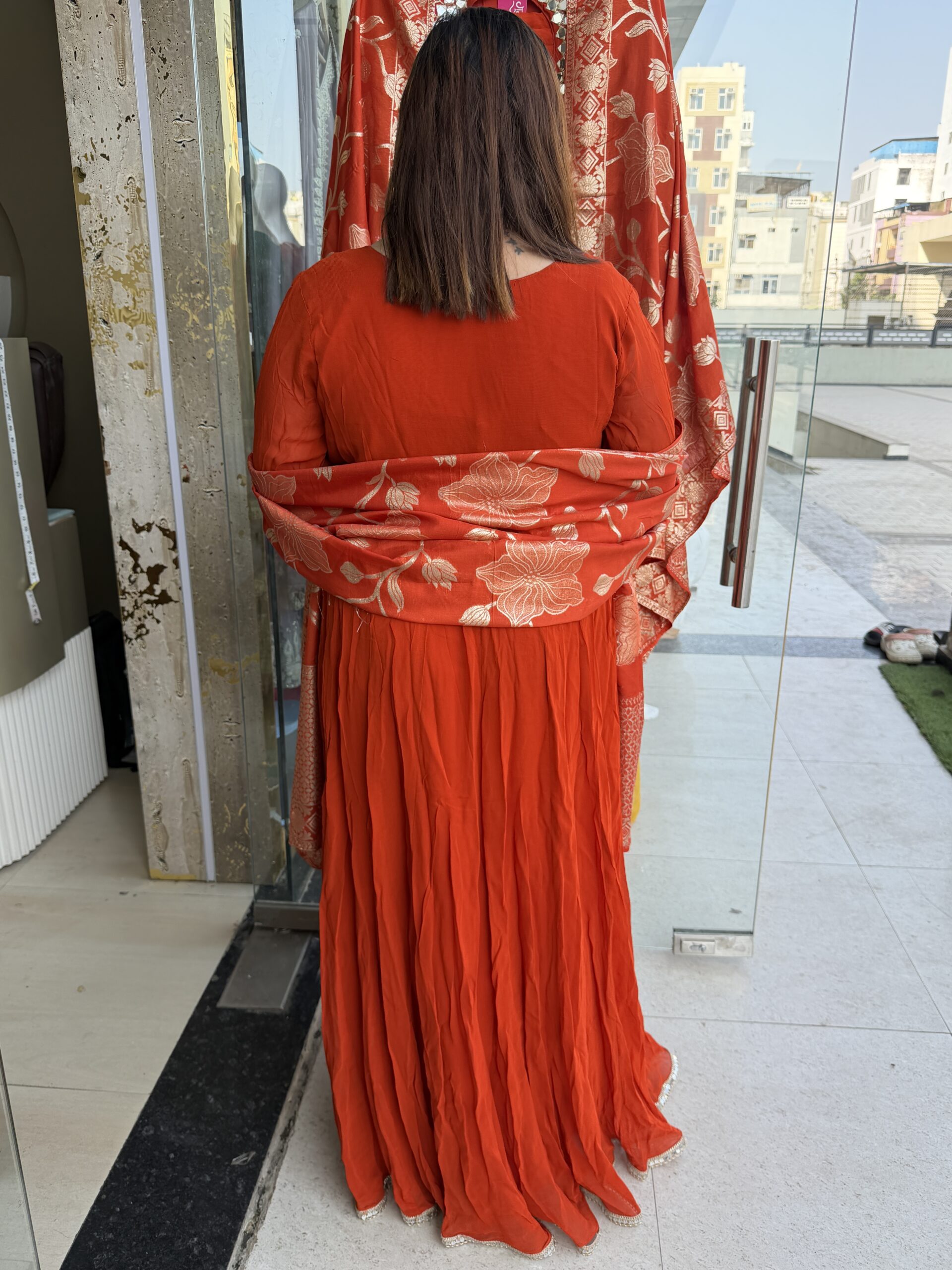 Rust Orange Colour Pure Georgette Febric Heavy Gown With Preamium dupattaFlour Length (42) - Image 4