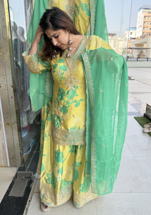 Lemon Yellow Colour Pure Chinoon Heavy Party Wear Suit With Digital Print (43)