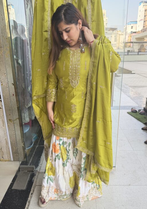 Mehndi Green Colour Pure Chinoon Skert Kurti Suit With Dottam And Dupatta(44)