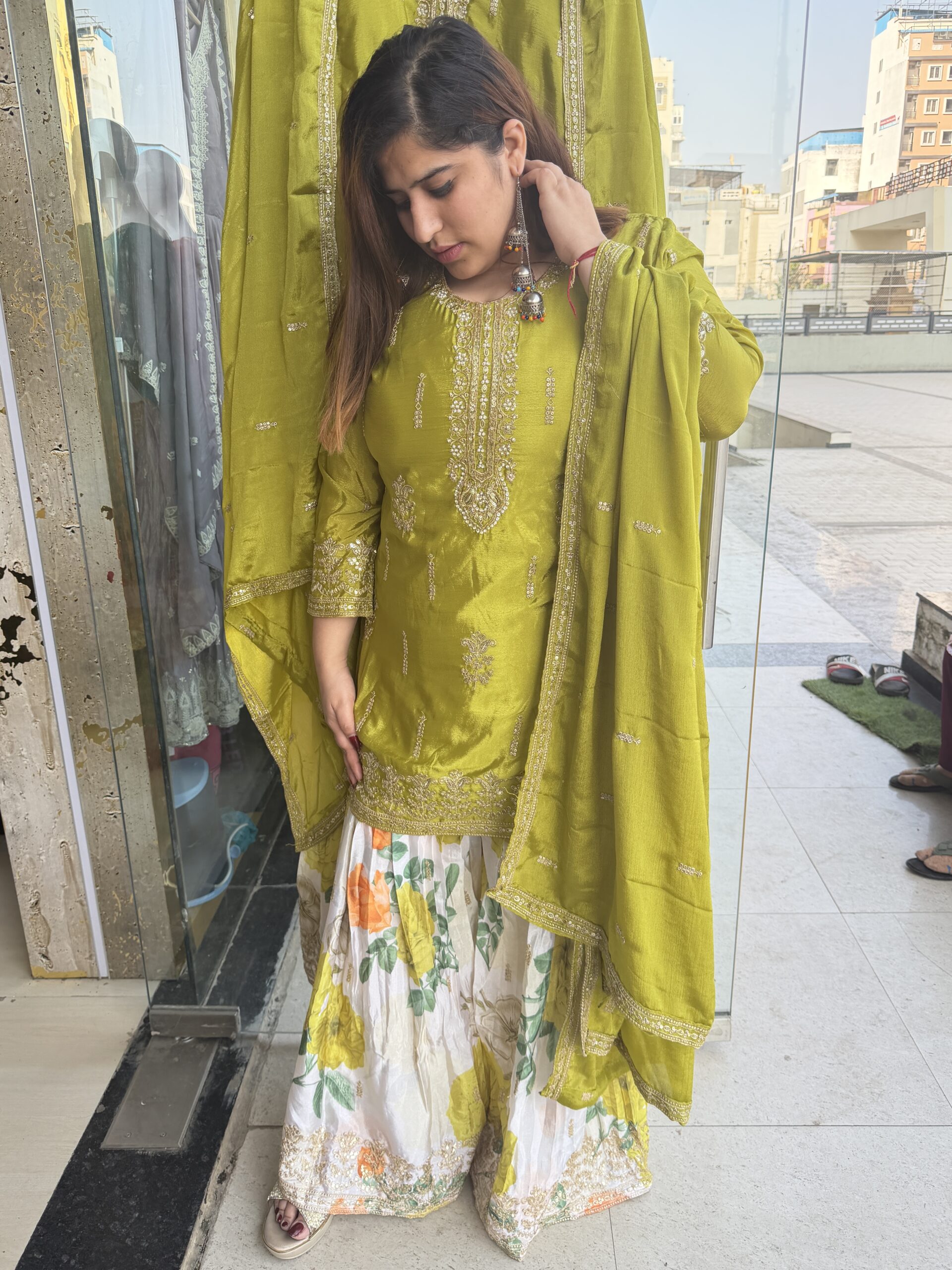 Mehndi Green Colour Pure Chinoon Skert Kurti Suit With Dottam And Dupatta(44)