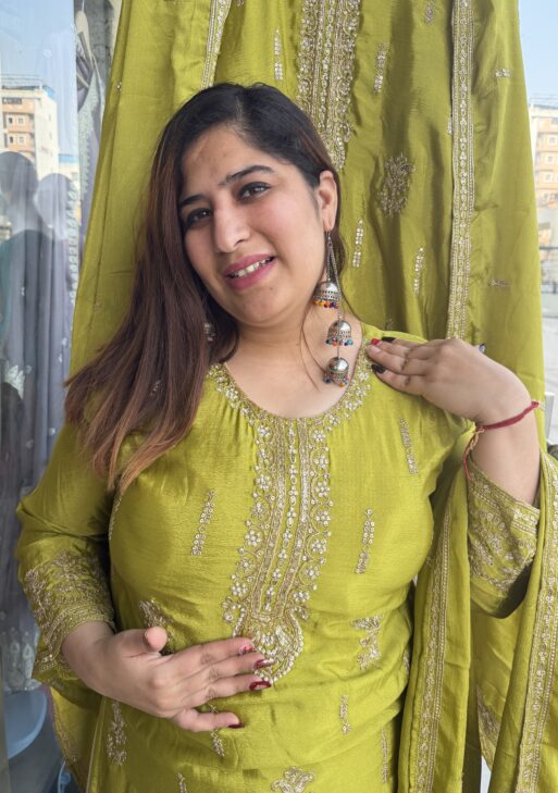 Mehndi Green Colour Pure Chinoon Skert Kurti Suit With Dottam And Dupatta(44)