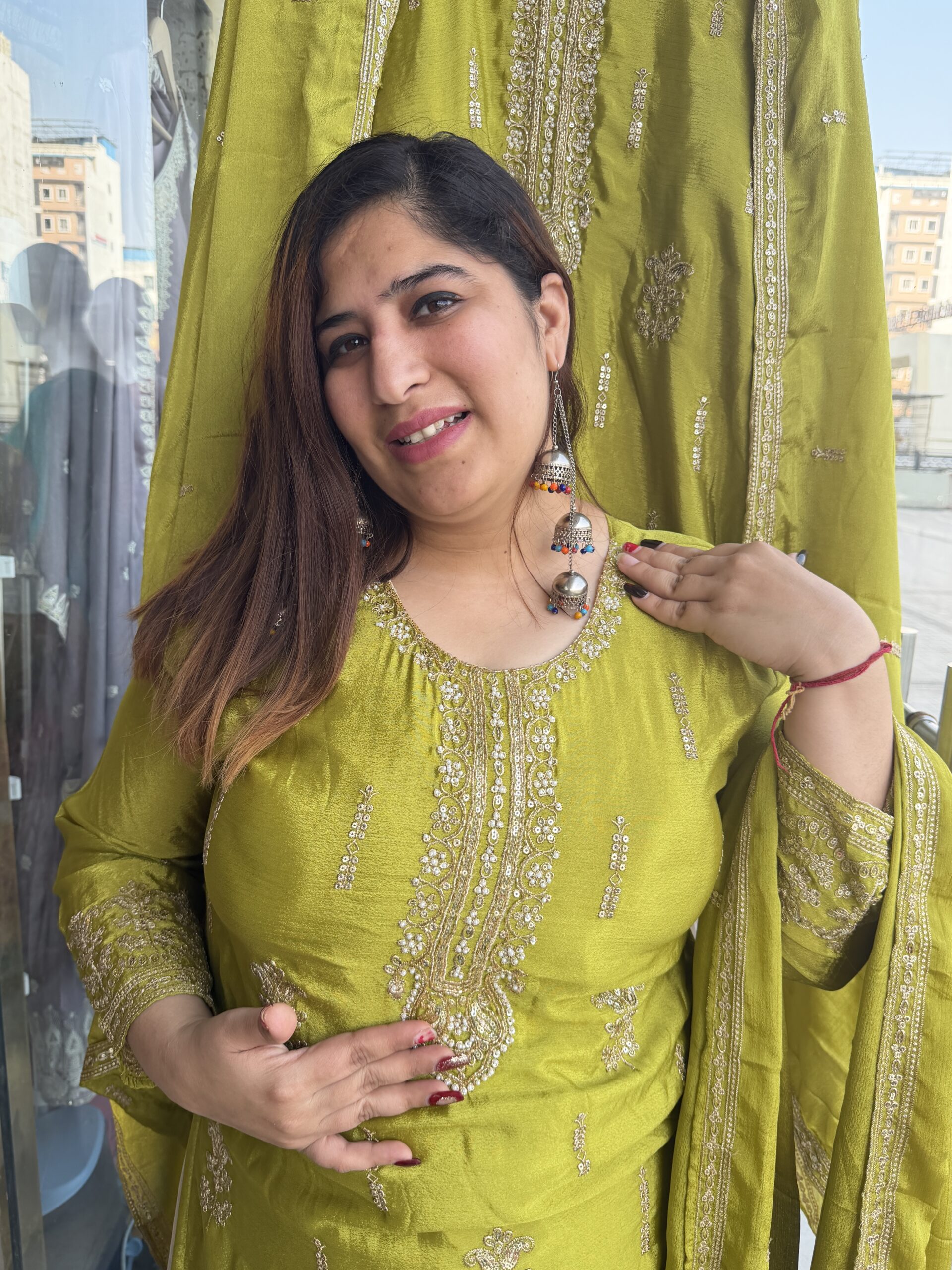 Mehndi Green Colour Pure Chinoon Skert Kurti Suit With Dottam And Dupatta(44) - Image 1